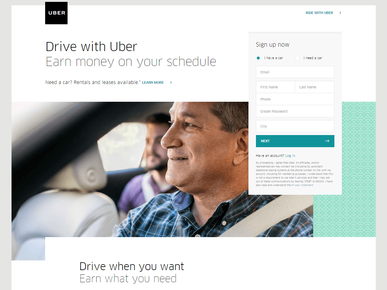 Landing page de Uber
