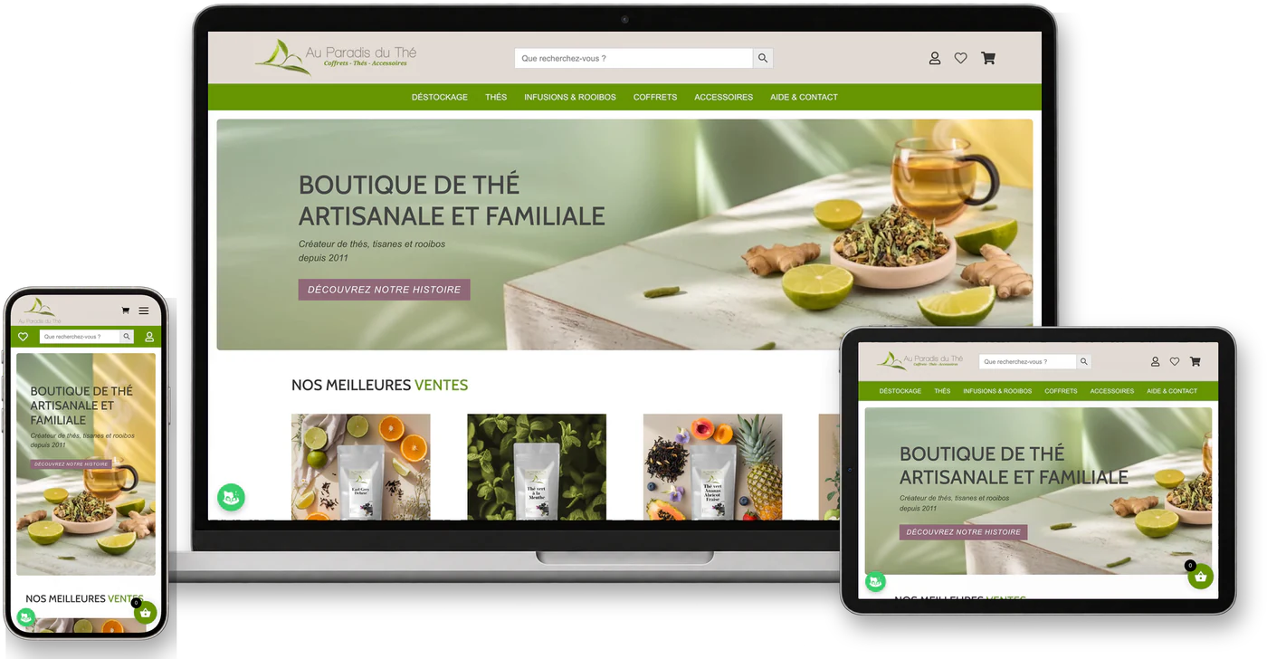 Site internet AuParadisduThe.com sur ordinateur, tablette et smartphone