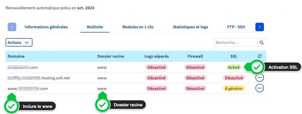 OVH : onglet Multisite, domaine externe avec le www et SSL activé