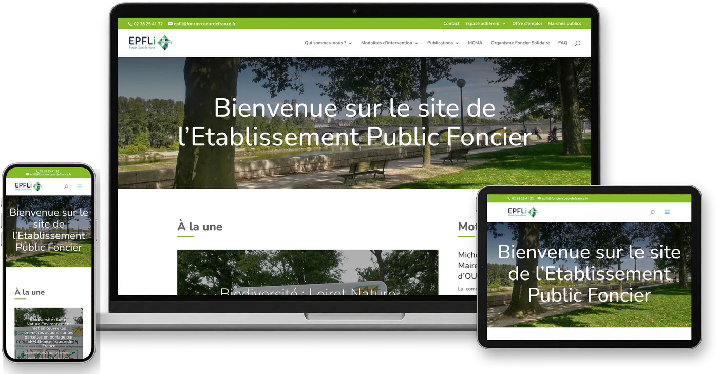 Site internet Foncier Coeur de France sur ordinateur, tablette et smartphone