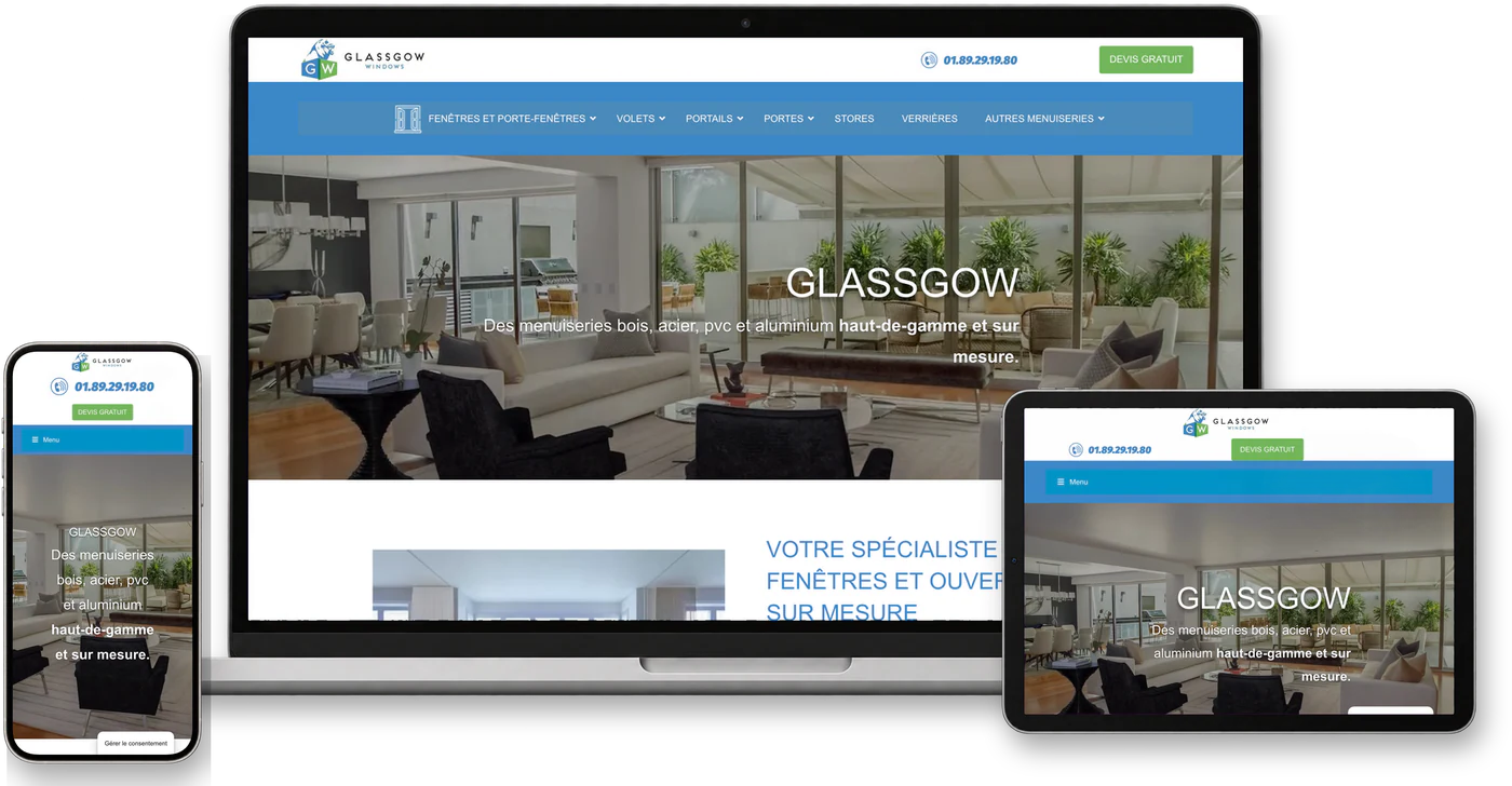 Site internet Glassgow.fr sur ordinateur, tablette et smartphone