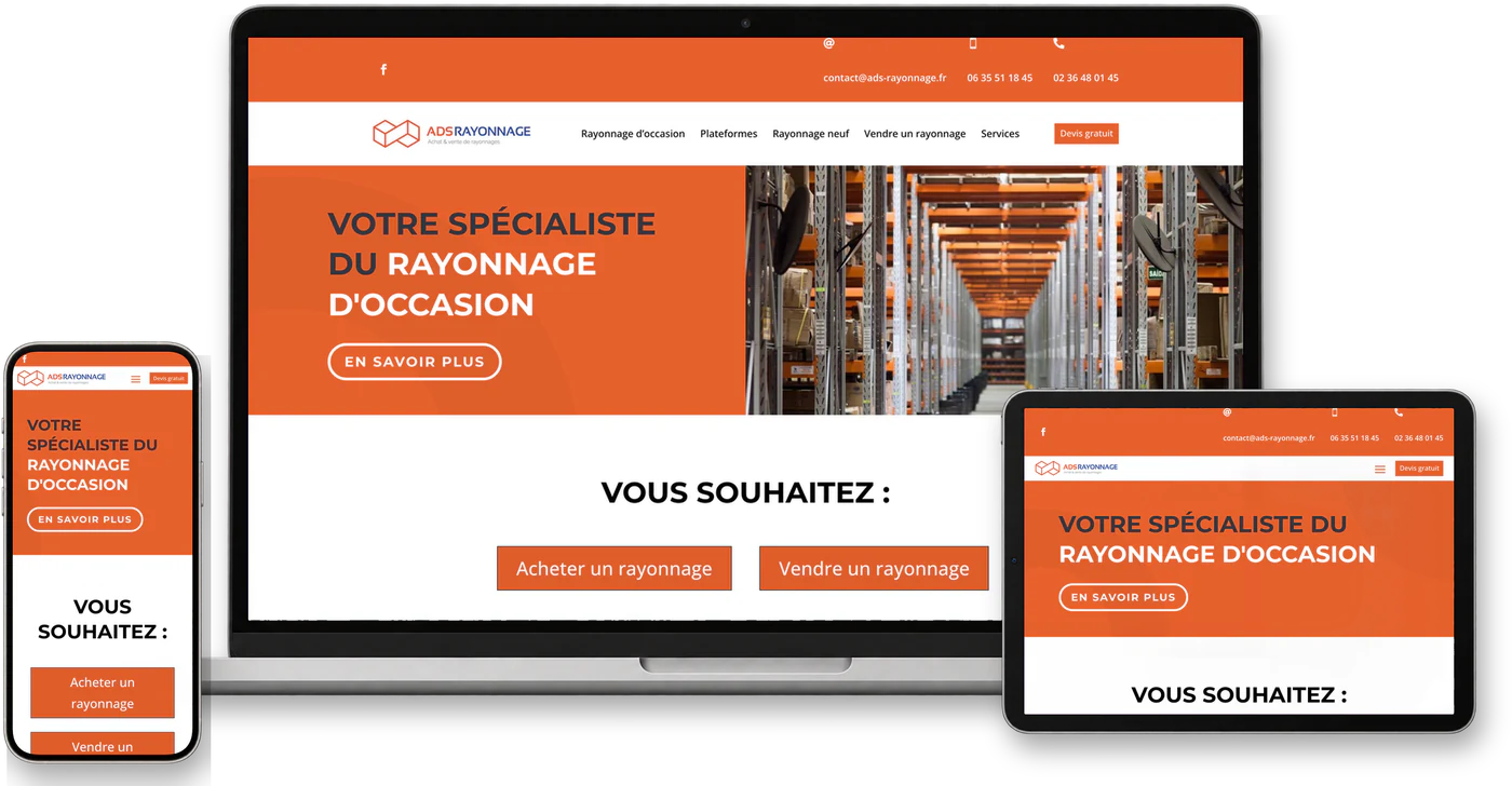 Site internet ADS-Rayonnage.fr sur ordinateur, tablette et smartphone