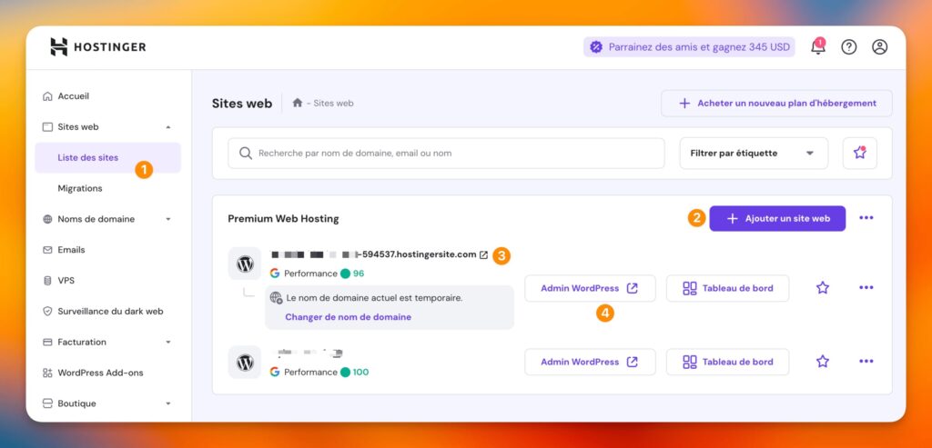 Hostinger : Sites web, Ajouter un site web, puis Admin WordPress