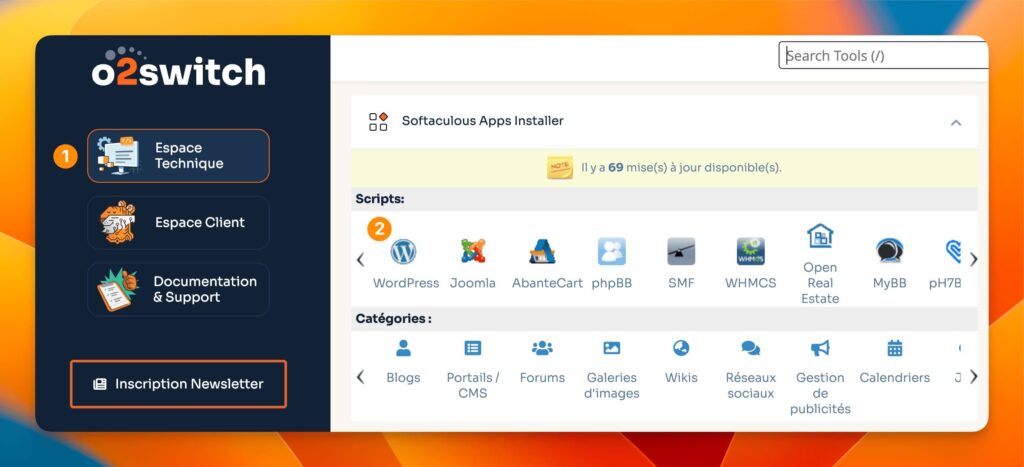 o2switch : Espace technique, puis l'installateur Softaculous et WordPress