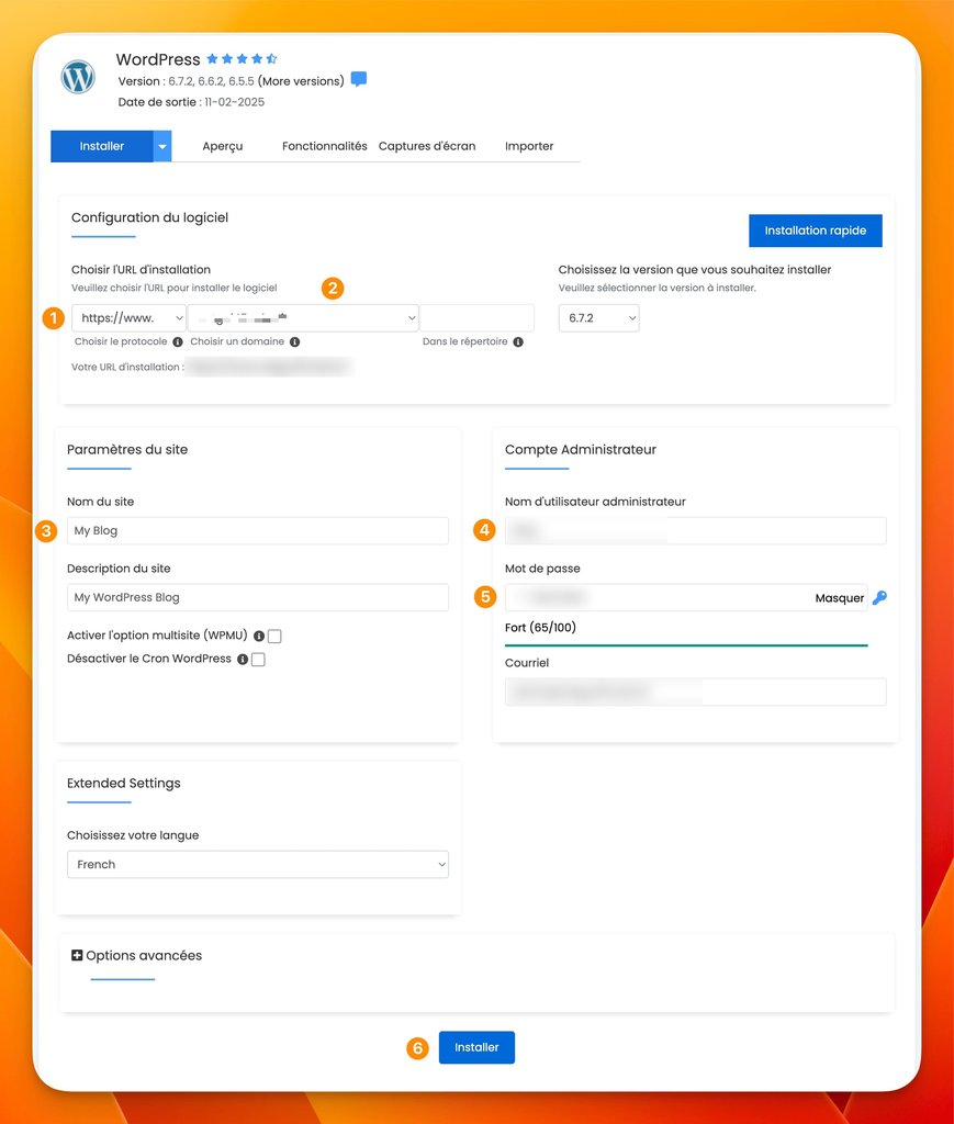 o2switch : formulaire d'installation de WordPress dans Softaculous