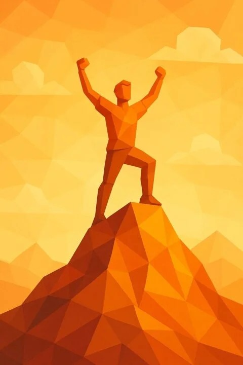 Consultant SEO au sommet Illustration orange d'une personne au sommet d'une montagne