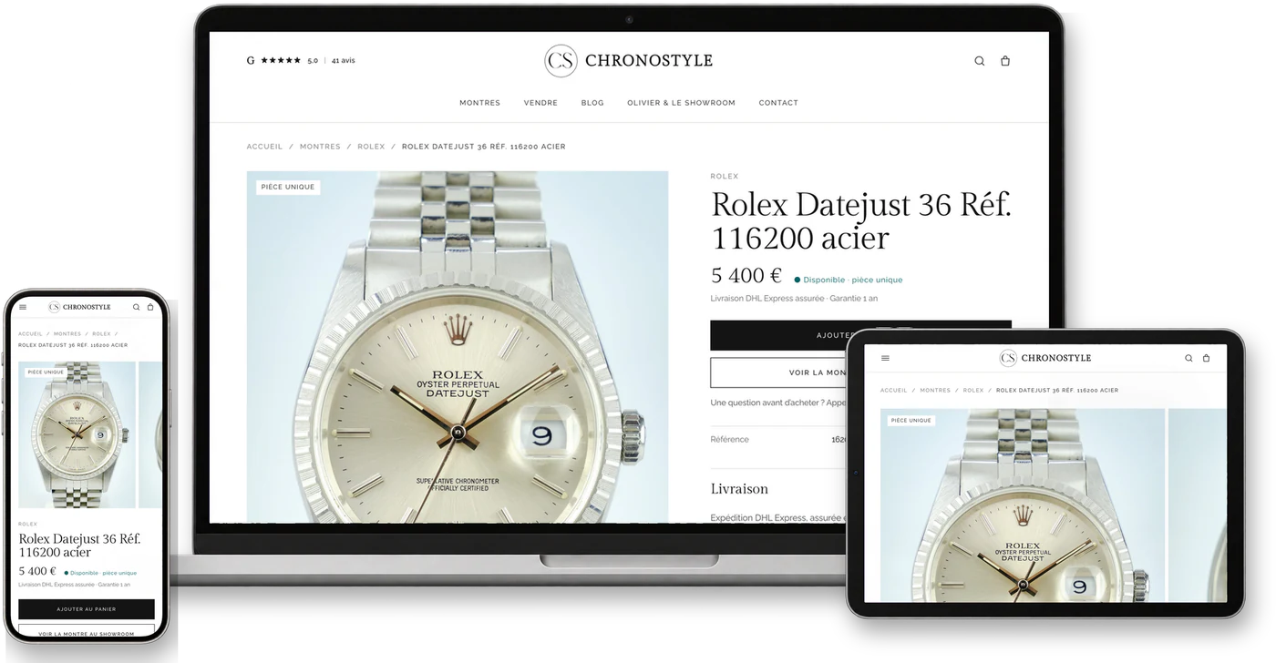 Site internet Chronostyle.fr, fiche montre, sur ordinateur, tablette et smartphone