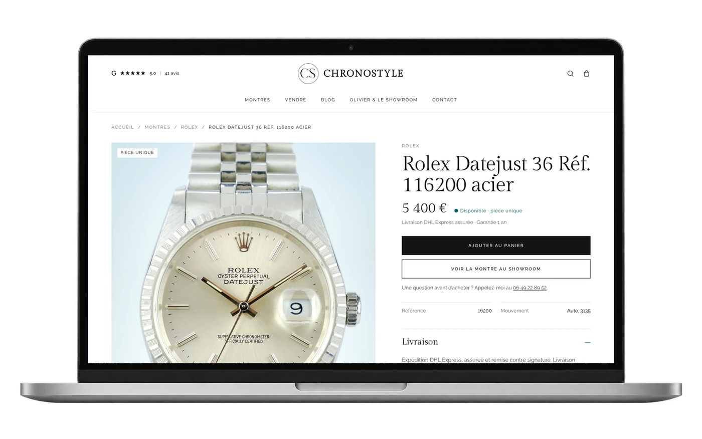 Fiche montre du site Chronostyle.fr (Rolex Datejust 36) sur ordinateur portable